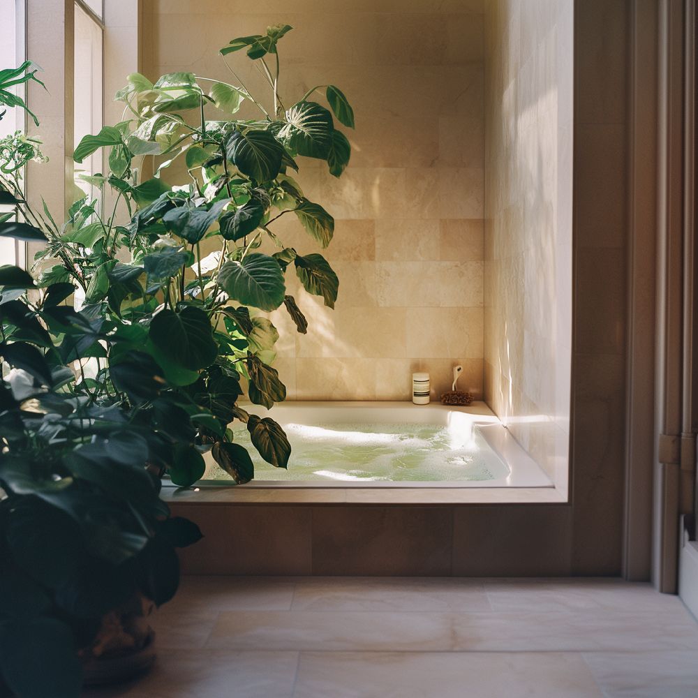 Calathea luxuriant au bord d'une baignoire, apportant une touche de verdure et d'élégance à la salle de bain.